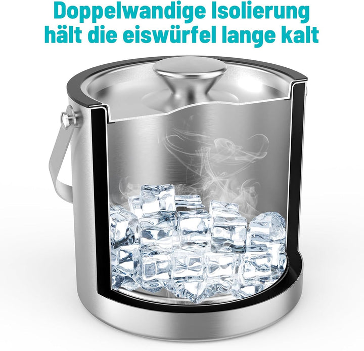 3L Eiswürfelbehälter mit Deckel, Schaufel & Zangen, Doppelwandig Edelstahl Isolierung Eiswürfel Behä