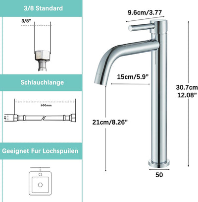 Suguword Bad Wasserhahn Waschtischarmatur Hoch Badarmatur Einhand-Waschtischbatterie Chrom Mischbatt