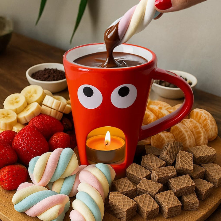 Fisura - Fondue Tasse für Schokolade und Käse, rote Keramiktasse 140 ml mit Gabel, originelle Gesche