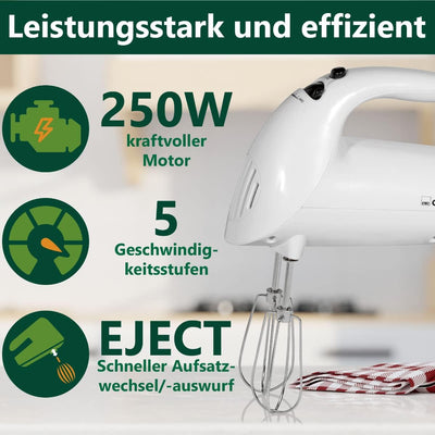 Clatronic elektrischer Handmixer | 250 Watt Motor | 5 Geschwindigkeitsstufen | Auswurftaste | robust