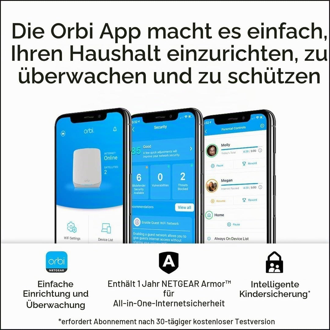NETGEAR Orbi RBK763S WiFi 6 Mesh WLAN System (5400 MBit/s Geschwindigkeit, TriBand WiFi 6 Router + 2