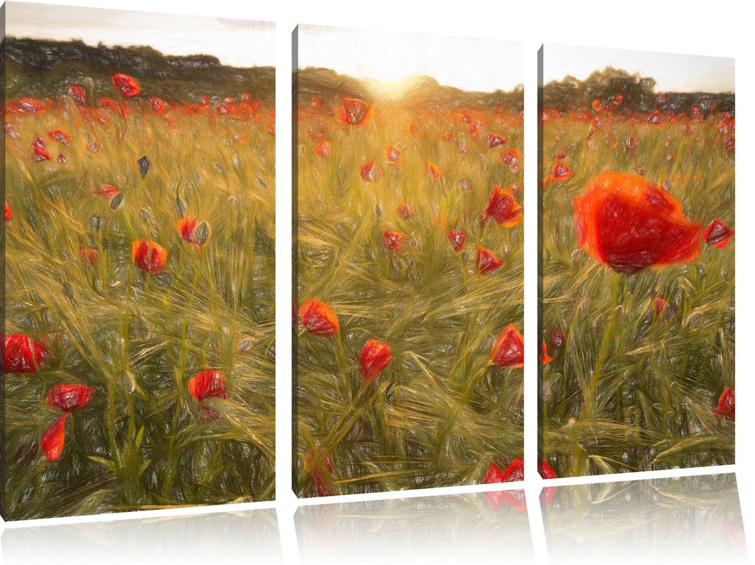 Pixxprint Mohnfeld bei Sonnenuntergang als Leinwandbild 3 teilig/Grösse: 3 Teilig (120x80) / Wandbil