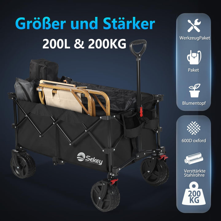 Sekey XXL Plus Bollerwagen Faltbar mit Bremsen 200L 200KG Belastbar, Extra Breite Reifen All Terrain