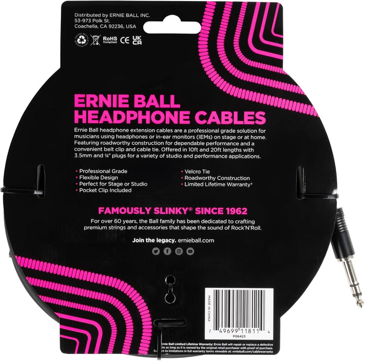 Ernie Ball Kopfhörer-Verlängerungskabel, 1/4 Zoll auf 3,5 mm, 6,1 m - Schwarz 6.1 m 6.35mm / 3.5mm,