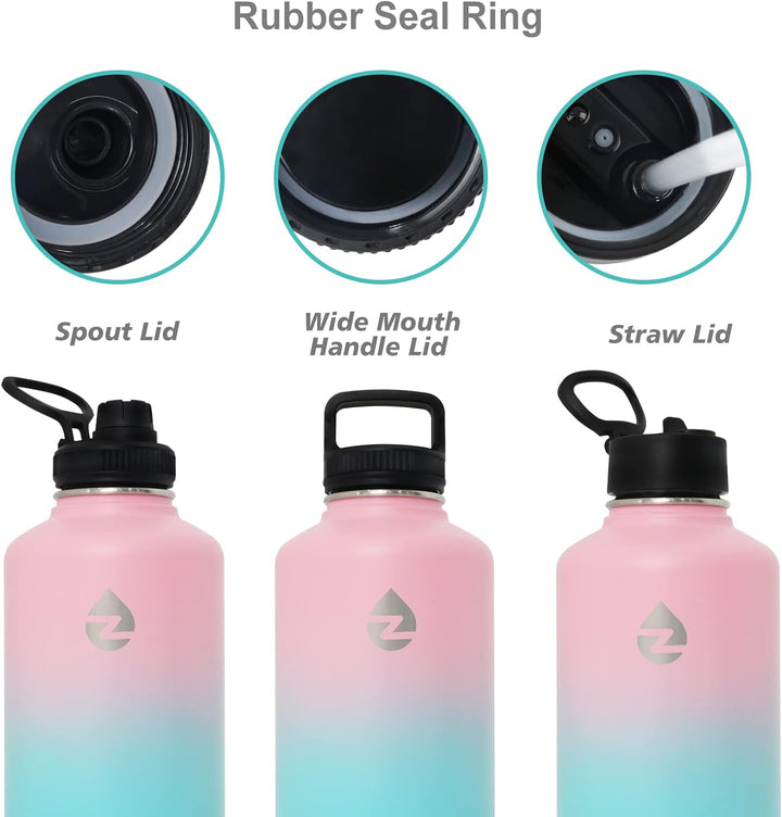 ZAKVOP Thermosflasche, 2L Trinkflasche Edelstahl mit Strohhalmen und 3 Deckeln, Trinkflasche Thermo