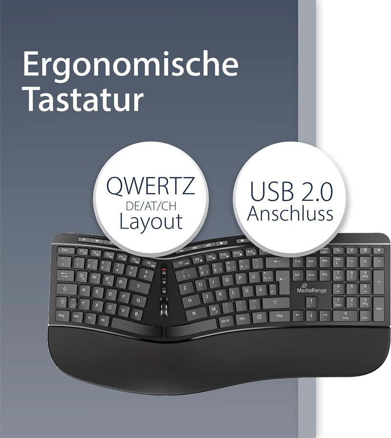 MediaRange Ergonomische Tastatur, kabelgebundene Multimedia-Tastatur mit 124 Tasten und Scroll-Rad,