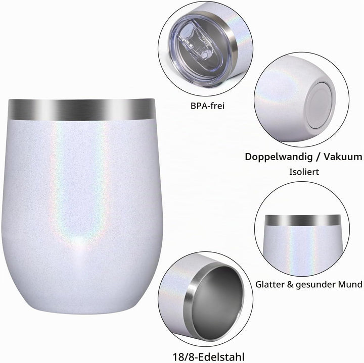 Joymaking 4 Stück Weinbecher Edelstahl, Stemless Weinbecher mit Deckel, Doppelwandige Unbreakable Tr