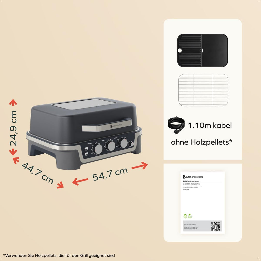 KitchenBrothers 4-in-1 Elektrogrill - BBQ &amp; Smoker - Tischgrill - 2600W | Einstellbar von 90–250 °C,
