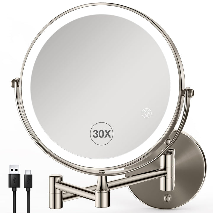 30X/1X wandmontierter Beleuchtungsspiegel für Kosmetik: 8,5 Zoll (21,6 cm) zweiseitig, 3 Farbmodi, U