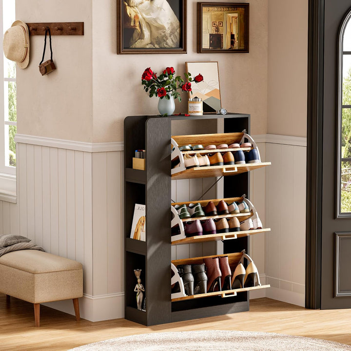 Schuhschrank mit 3 Klappen & Seitlich Offenes Gestell 3 Lagen, Schmaler Schuhaufbewahrung mit Griffe