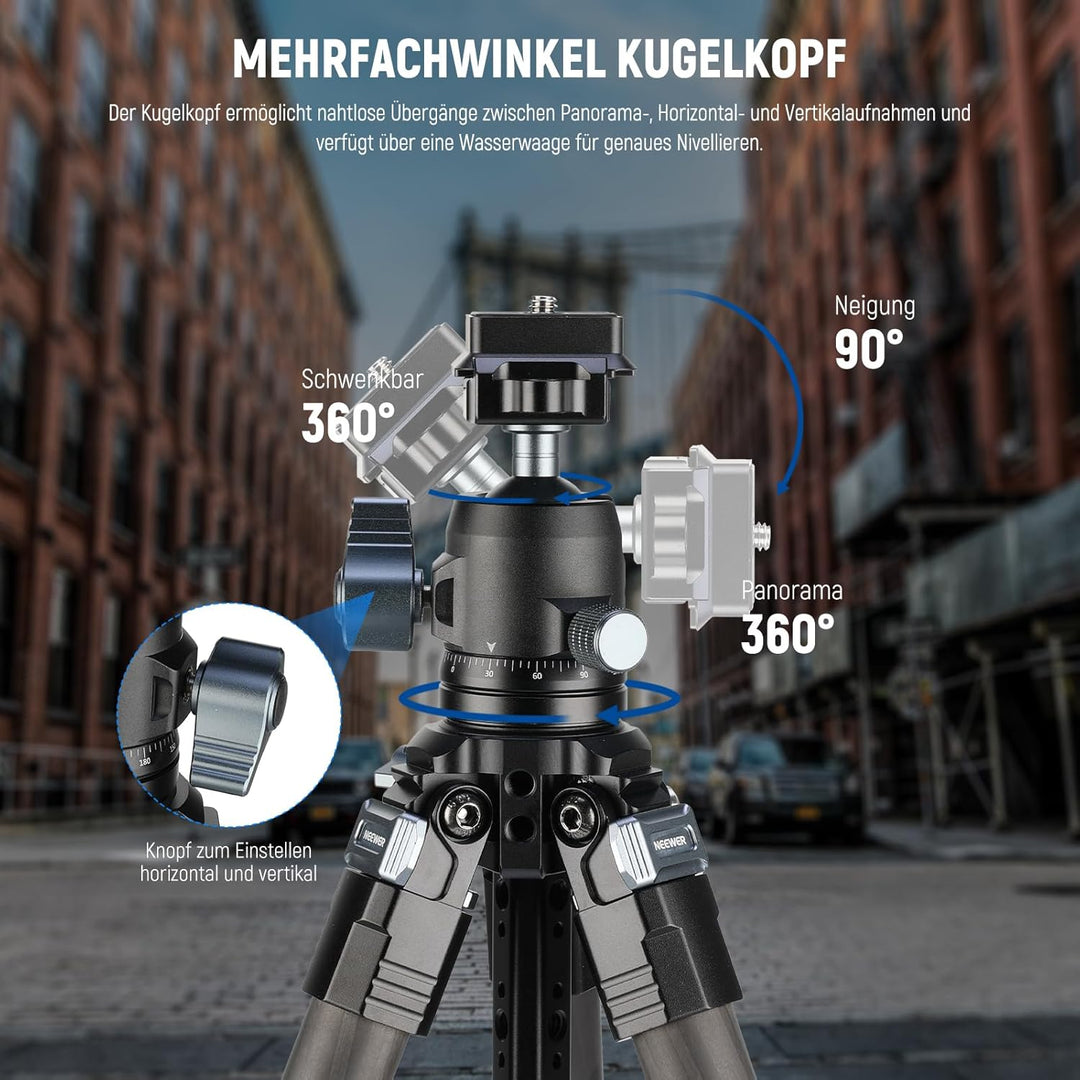 NEEWER 60,4" Reisestativ aus Carbonfaser mit abnehmbarem 360° Kugelkopf, leichtes Videokamera Stativ
