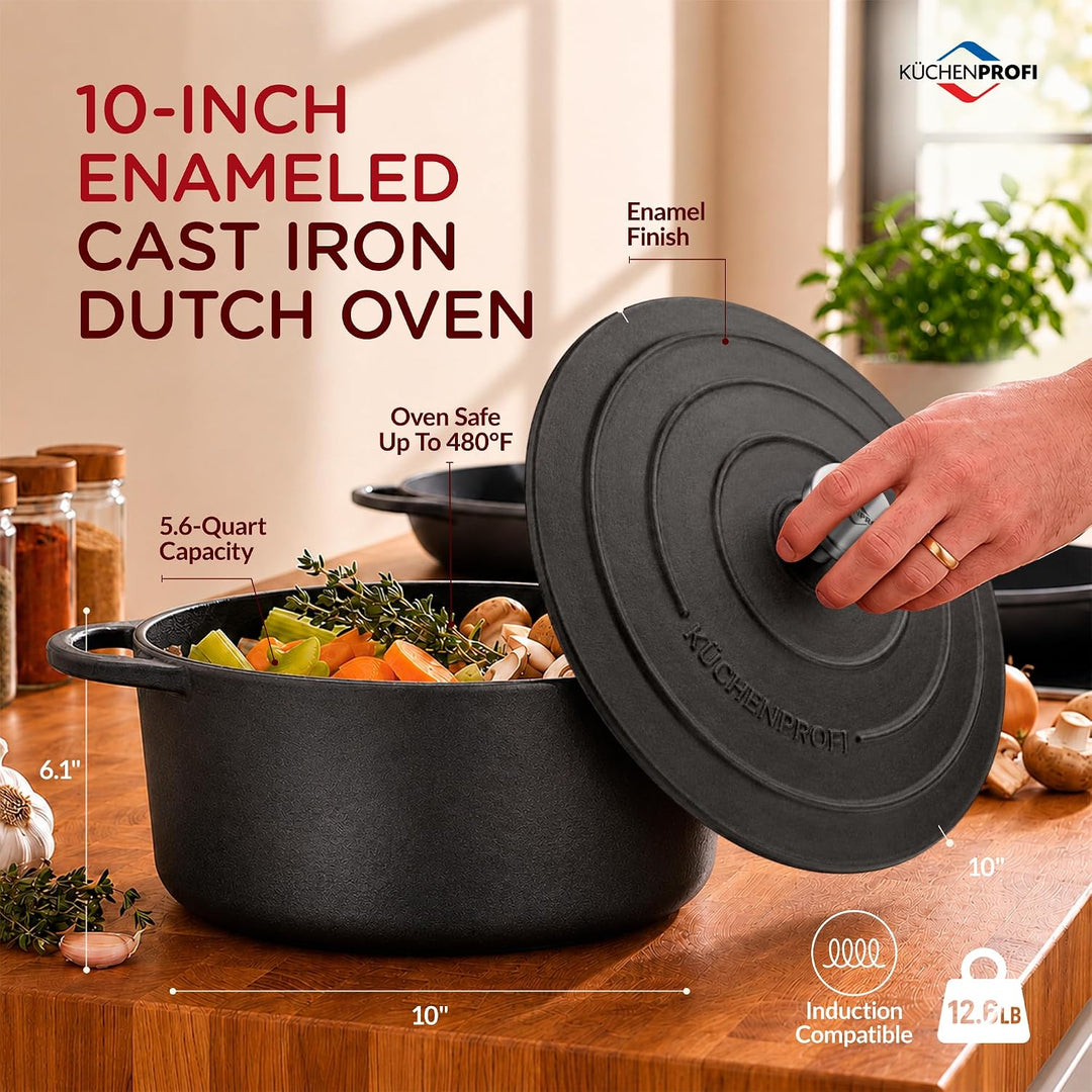 Küchenprofi Gusseisen Bräter mit Deckel, schwarz, 26 cm, Schmortopf, Auflaufform, Dutch Oven, Brotba