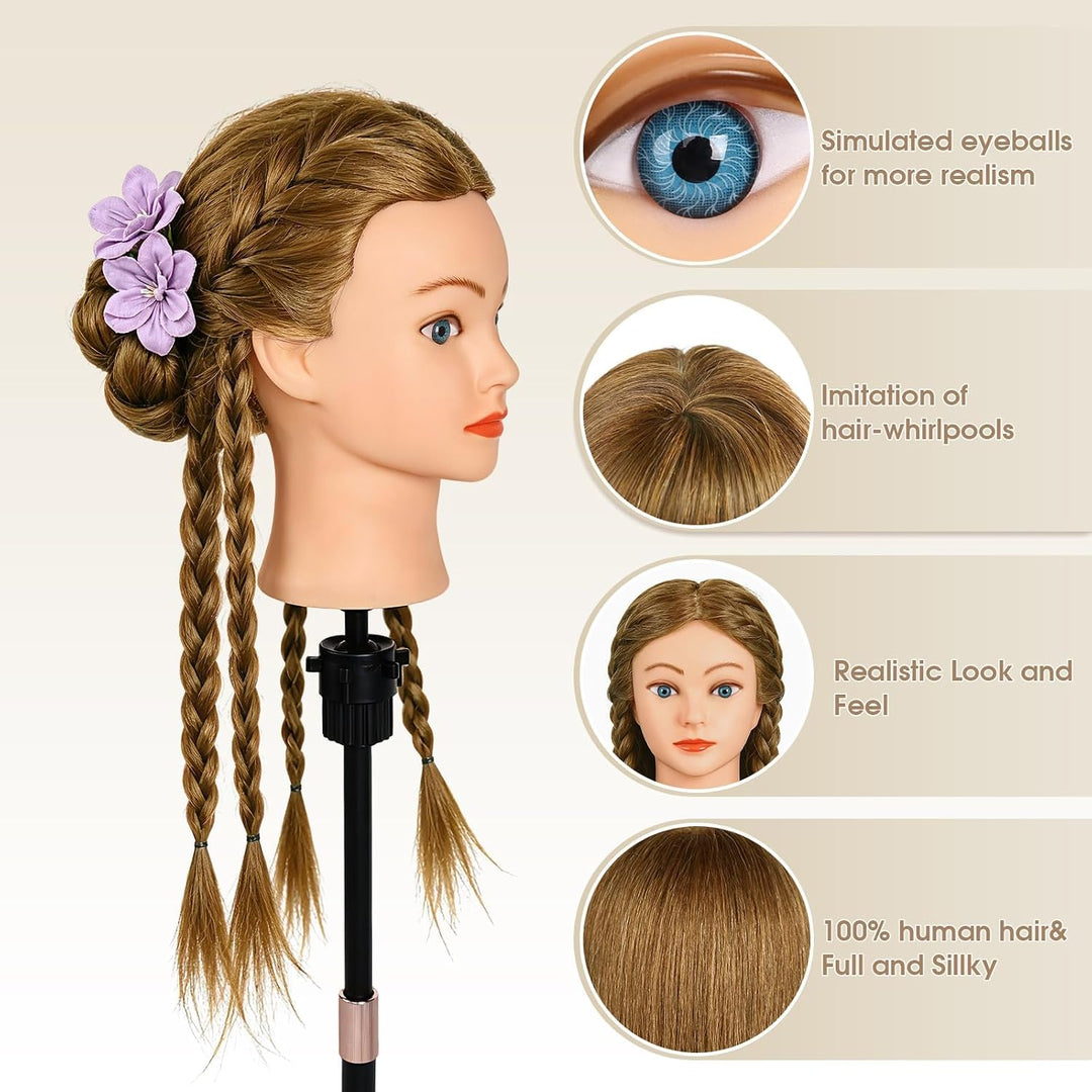 Friseur Übungskopf 100% Echthaar, 45 cm / 18 Zoll Mannequin Kopf mit Haaren, Friseurkopf Trainingsko
