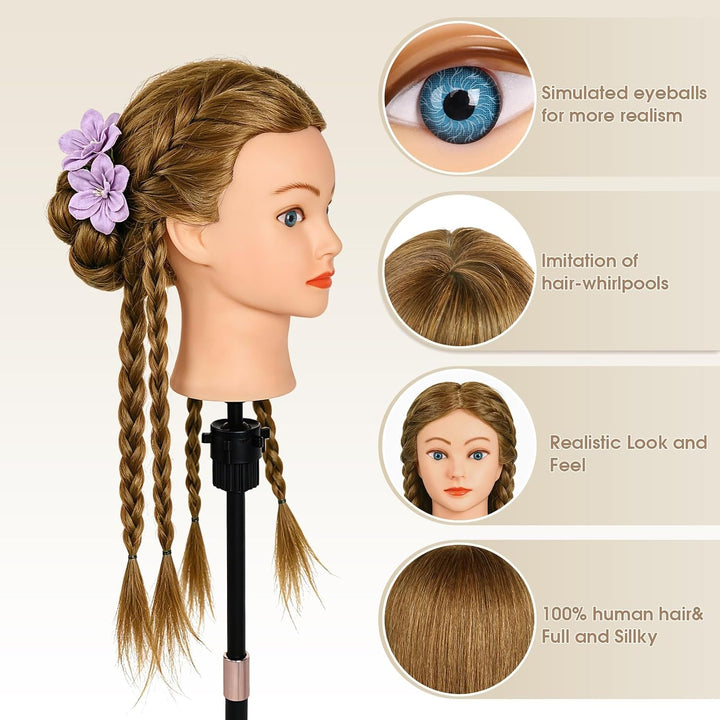 Friseur Übungskopf 100% Echthaar, 45 cm / 18 Zoll Mannequin Kopf mit Haaren, Friseurkopf Trainingsko