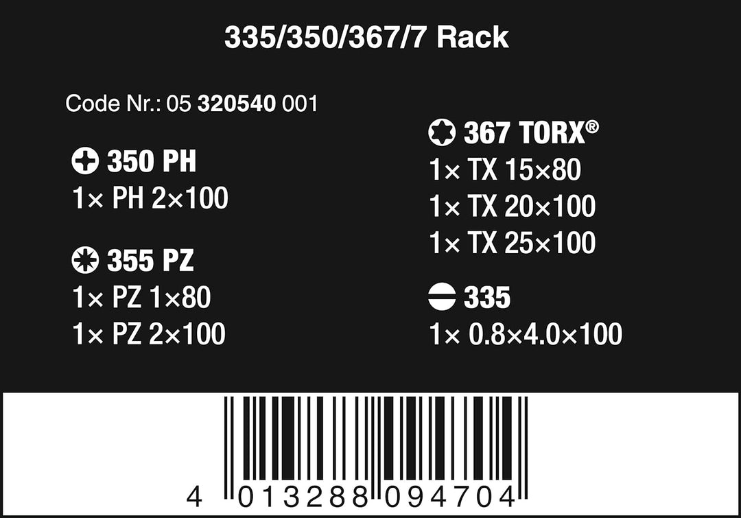 Wera 335/350/367/7 Rack Schraubendrehersatz Kraftform Plus Lasertip + Rack, 7-teilig, 05320540001