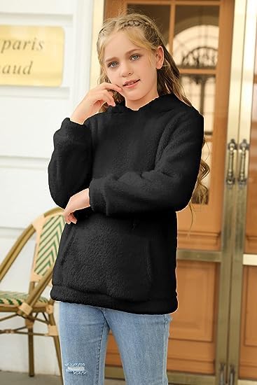 Runcati Pullover Mädchen Kapuzenpullover Fuzzy Teddy Fleece Sweatshirts mit Kapuze Taschen Freizeit