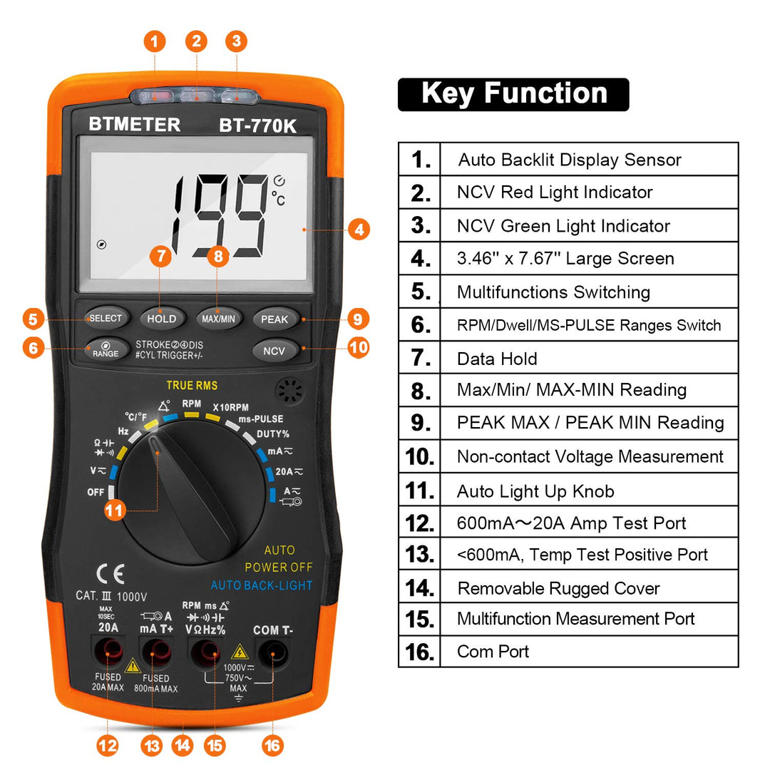 BTMETER BT-770K Kfz-AC/DC-Dwell-Multimeter mit induktivem Drehzahlaufnehmer und AC/DC-Stromzangenada