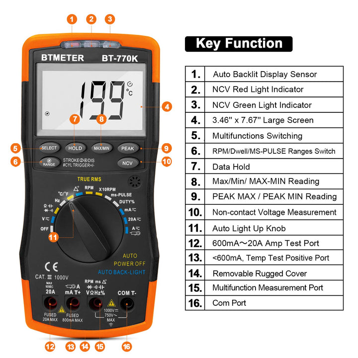 BTMETER BT-770K Kfz-AC/DC-Dwell-Multimeter mit induktivem Drehzahlaufnehmer und AC/DC-Stromzangenada