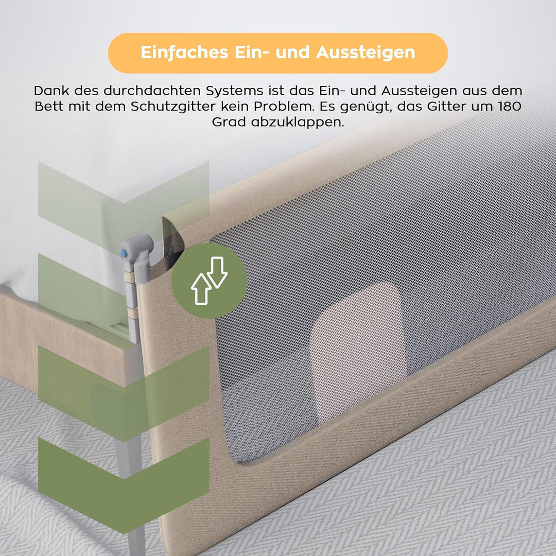 TULANO Cover 30 Bettgitter 200 cm, Rausfallschutz für Kinderbett, Klappbar 180°, Zwei Höhen, Atmungs