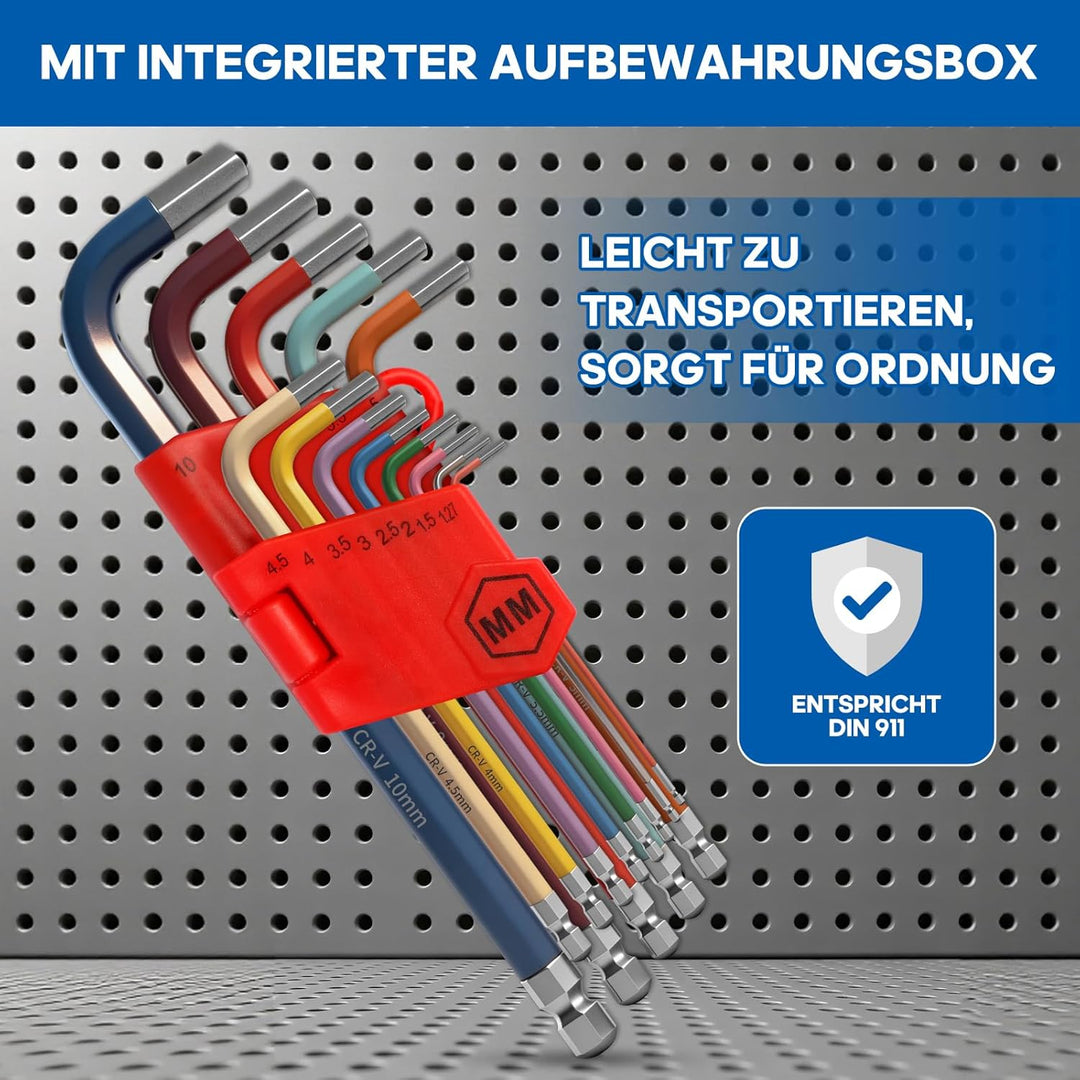13 Stück Innensechskantschlüssel Satz mit Kugelkopf - 1,27-10 mm Imbusschlüssel Satz aus Cr-V-Stahl