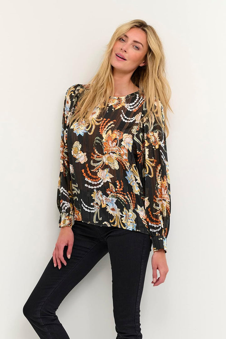 KAFFE Langarm Bluse KAsimi Damen Bluse Langarm Rundhals Print Shirt Standard 34 Black/Red/Multi Flow