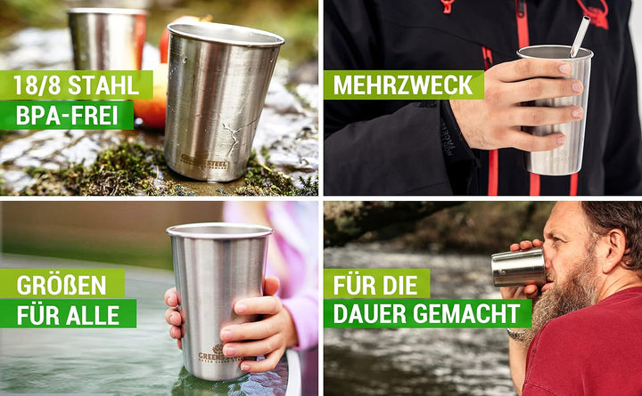 Greens Steel Edelstahlbecher - 4 Stück, Schwarz, 475ml I Einwandiges, stapelbares & wiederverwendbar