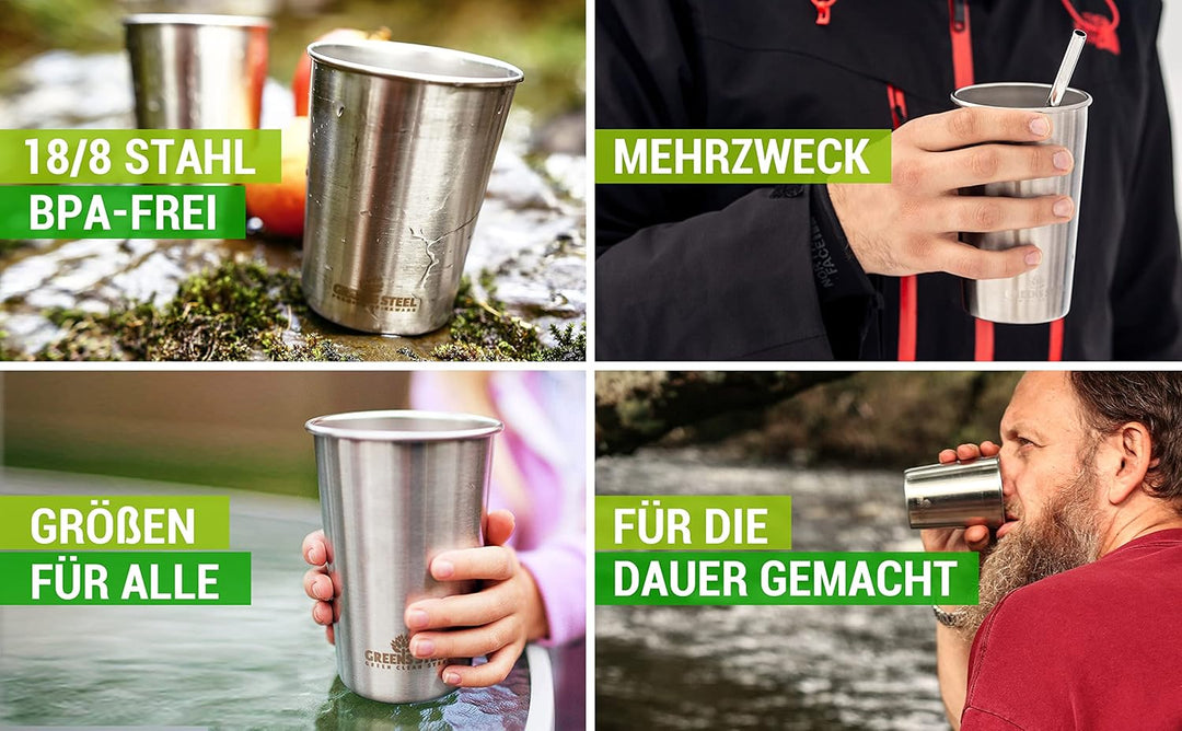 Greens Steel Edelstahl Kinderbecher - 300ml I Premium Trinkgläser I Plastikfrei I Stapelbar, langleb
