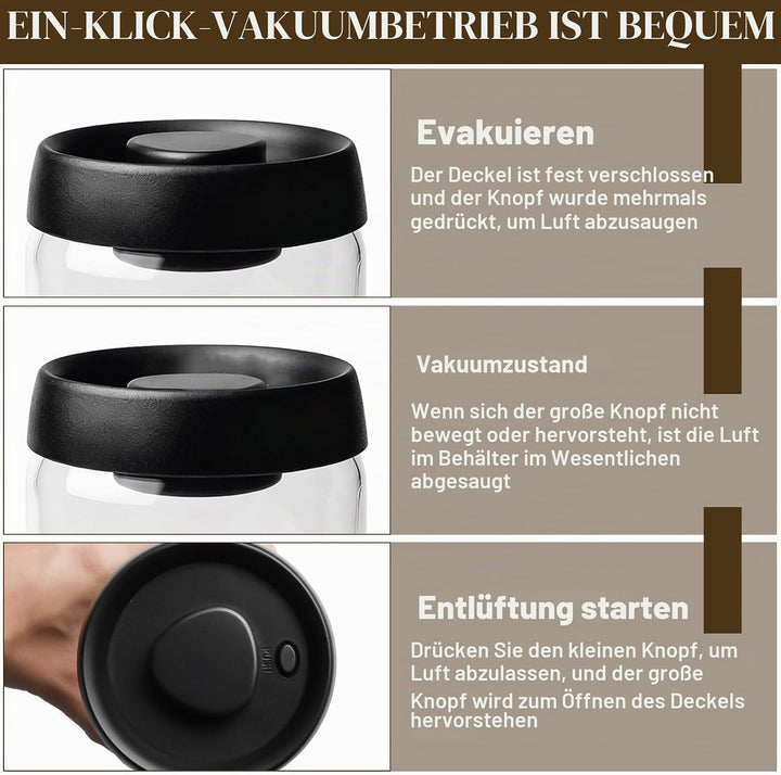 1.2L Kaffeedose Luftdicht, 2 Stück Vakuumbehälter aus Glas Mit Schwarzem Deckel Und Goldenem Knopf,