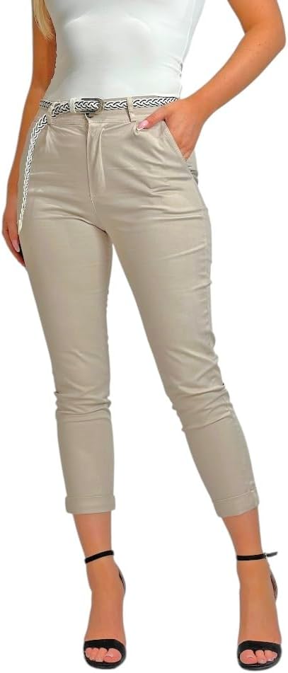Mississhop Damen Baumwolle Klassische Chino Hose mit Gürtel L Beige, L Beige