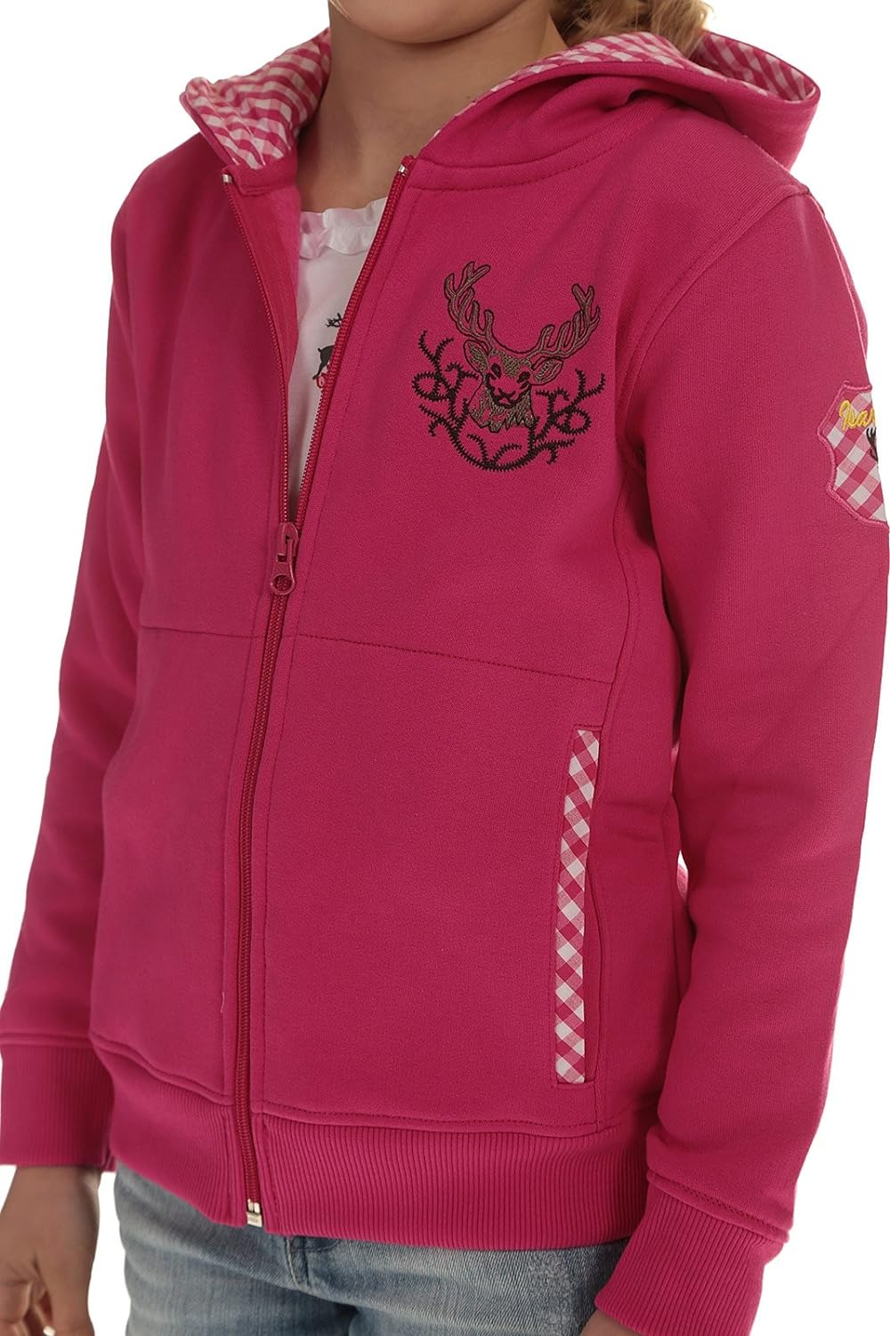 Isar-Trachten Kinder Jacke Trachtenjacke Mädchen pink, Kapuzenjacke Kinder Sweatjacke mit Hirschstic