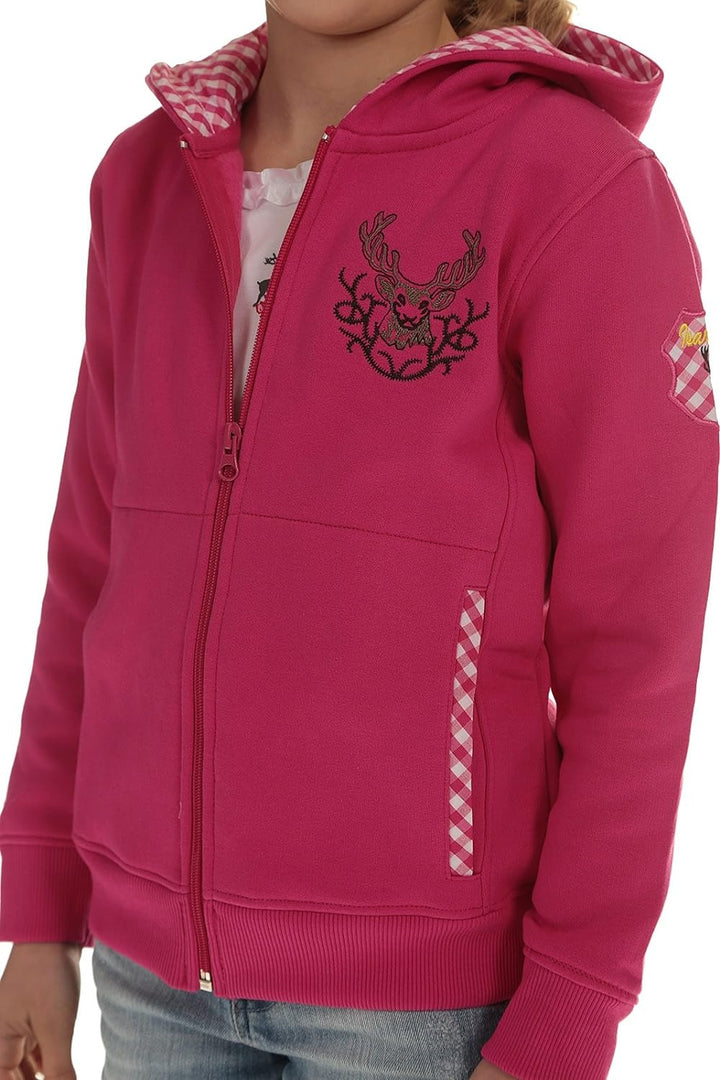 Isar-Trachten Kinder Jacke Trachtenjacke Mädchen pink, Kapuzenjacke Kinder Sweatjacke mit Hirschstic