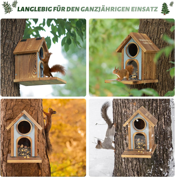 MIXXIDEA Eichhörnchen Futterhaus für draussen, stabiles Eichhörnchen-Futterhaus mit dickem Holz, Kei