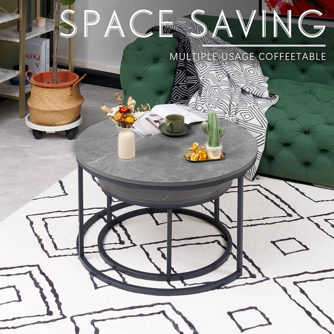 Soayone Couchtisch Rund 2er Set, Dunkelgrau Marmor Couchtisch mit Schwarz Metallgestell, Beistelltis