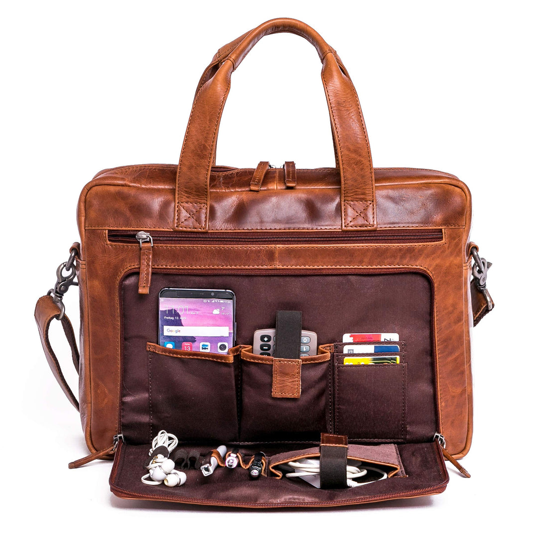 ALMADIH Leder Businesstasche Laptoptasche 15 Zoll Aktentasche BRUNO tolle Aufteilung Leder Business
