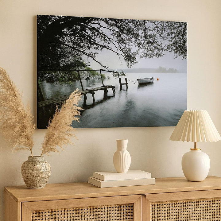 Bilder auf Leinwand See Dock Boot Bäume Leinwandbild mit Rahmen 70x50cm Wandbilder Dekoration Wohnzi