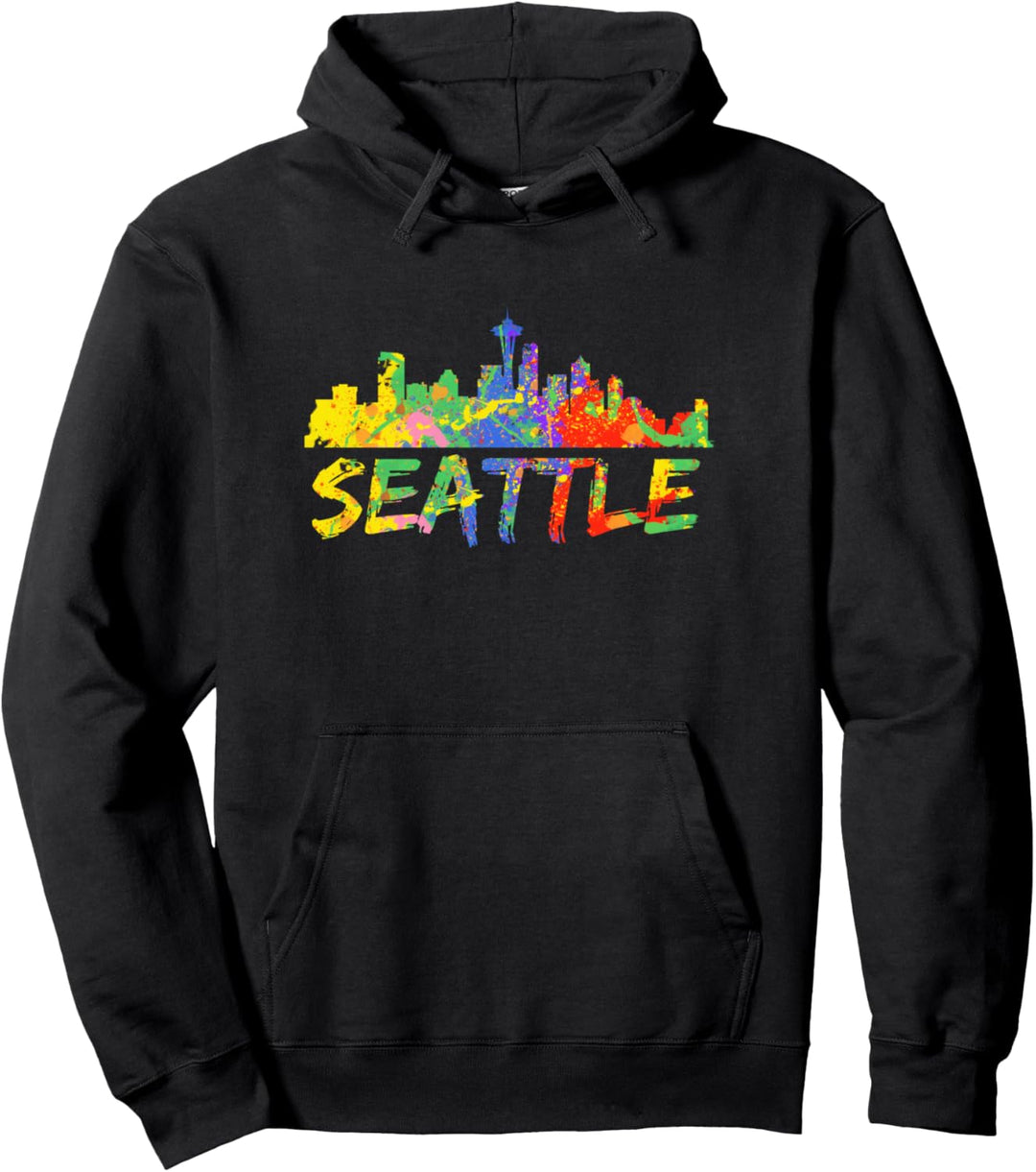 Seattle Rainbow Art WA Gift City Skyline Silhouette Seattle Pullover Hoodie