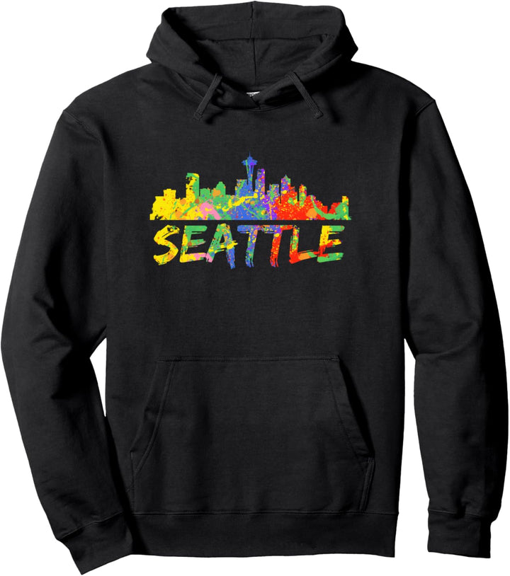Seattle Rainbow Art WA Gift City Skyline Silhouette Seattle Pullover Hoodie