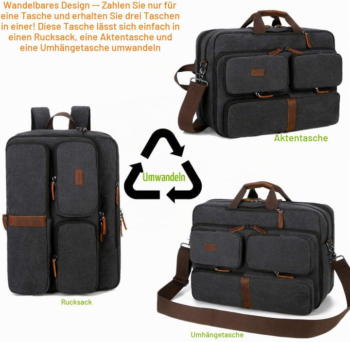 Baosha 3 in 1 Cabrio Leinwand Leder Handtasche Laptop Rucksack Aktentasche Passt 15.6 17.3 Zoll Lapt