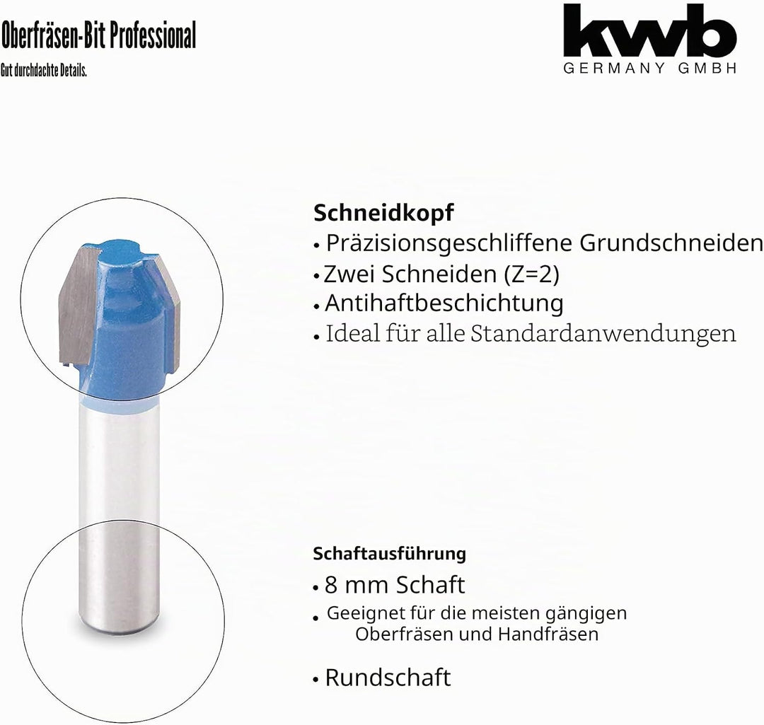 kwb Kantenfräser Ø 11,7 mm, hartmetallbestückt mit präzisem Spannschaft und optimierter Schneidengeo