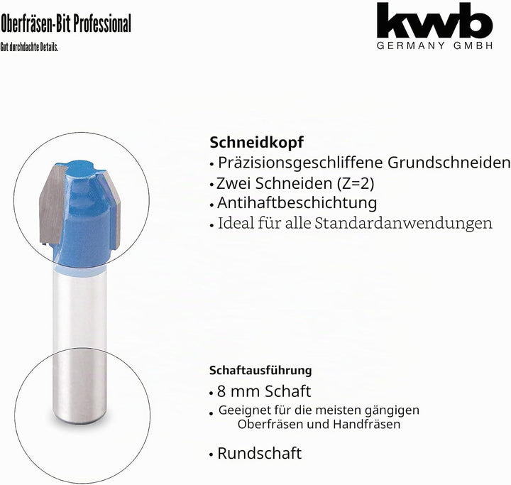 kwb Kantenfräser Ø 11,7 mm, hartmetallbestückt mit präzisem Spannschaft und optimierter Schneidengeo