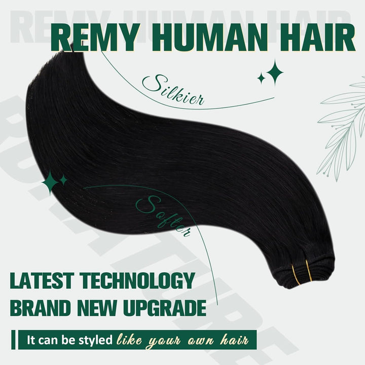 RUNATURE Tressen Echthaar Extensions Pechschwarz Sew in Weft Echthaar Extensions Schwarz Echthaar Tr