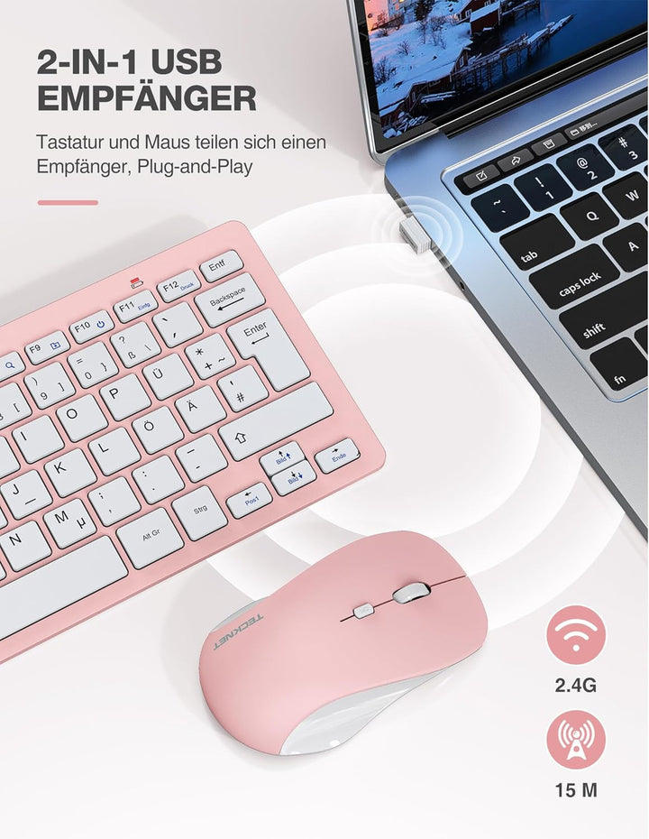 TECKNET Kabelloses Tastatur Maus Set, Deutsch QWERTZ Layout, 2.4 GHz Funk Mini Tastatur Mouse, 15m R