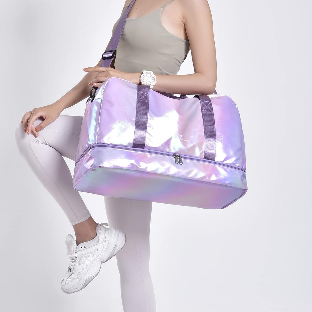 Sporttasche Damen, 40L Reisetasche Damen Weekender, Glitzer Sporttasche mit Schuhfach und Nassfach,