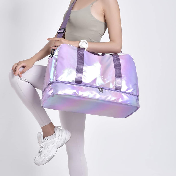Sporttasche Damen, 40L Reisetasche Damen Weekender, Glitzer Sporttasche mit Schuhfach und Nassfach,