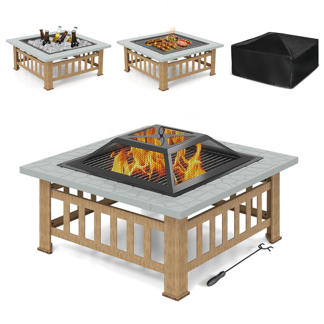 KOMFOTTEU Feuerschale Feuerkorb, Feuerstelle mit Grillrost & Decekl, Flammschale 81 x 81cm Outdoor,