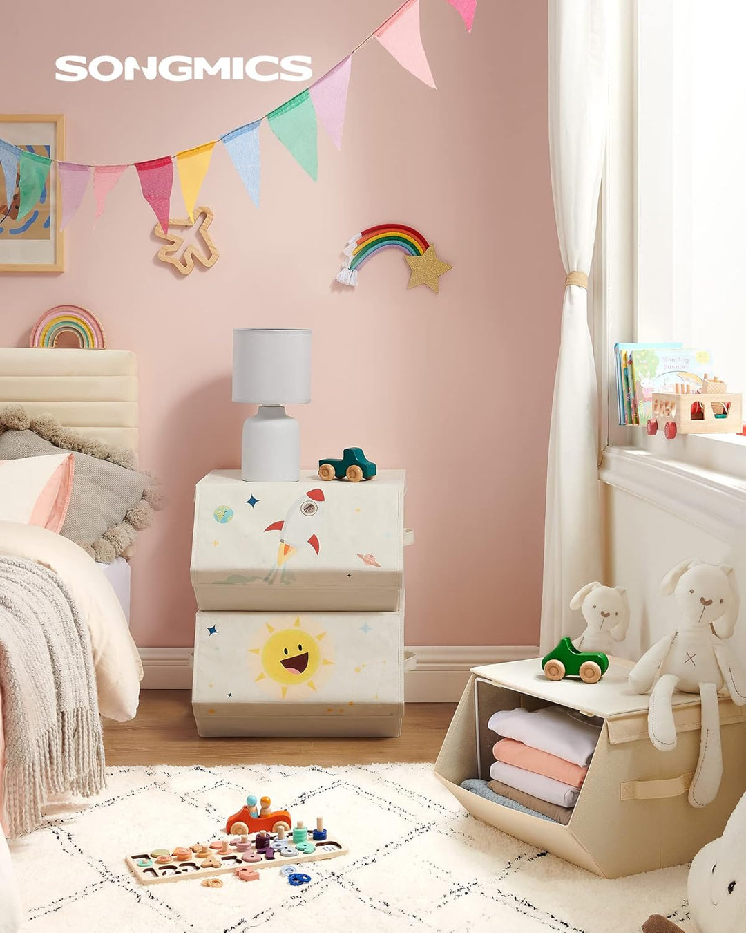 SONGMICS Aufbewahrungsbox Kinder, 3er Set, Faltboxen, Spielzeugkiste mit Deckel, 38 x 35 x 25 cm, fü