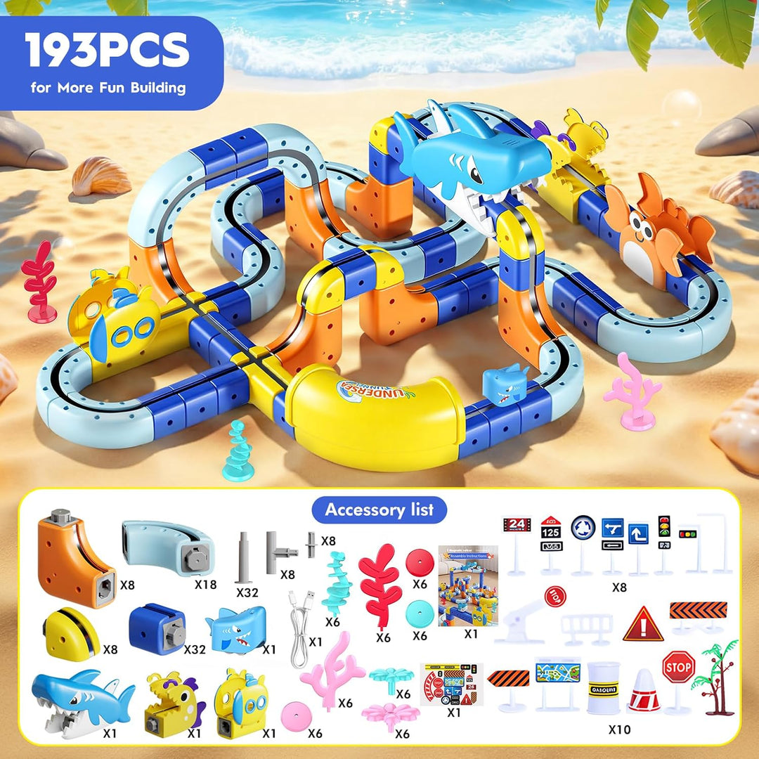 193 PCS Cube Track, Spielzeug ab 3 4 5 6 7 8 Jahre Junge Mädchen Clickrail Electric Train Set Cubix