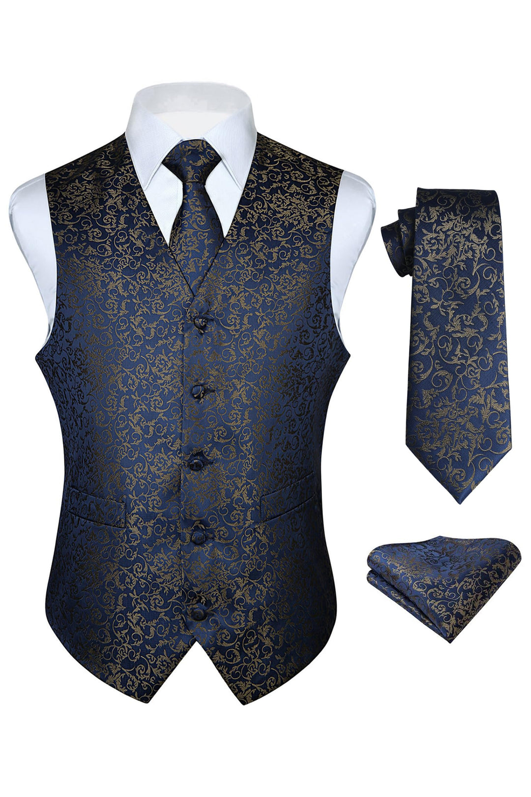 HISDERN Herren Weste Paisley Floral Jacquard Krawatte Einstecktuch Taschentuch Weste Anzug Set M Nav