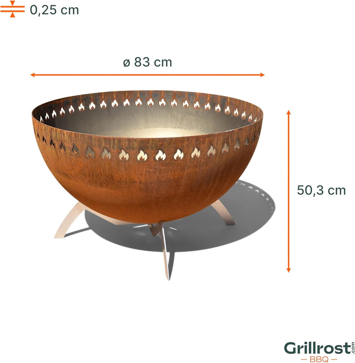Grillrost.com Das Original Feuerschale in Cortenstahloptik - Schwenkbar & mit Belüftung