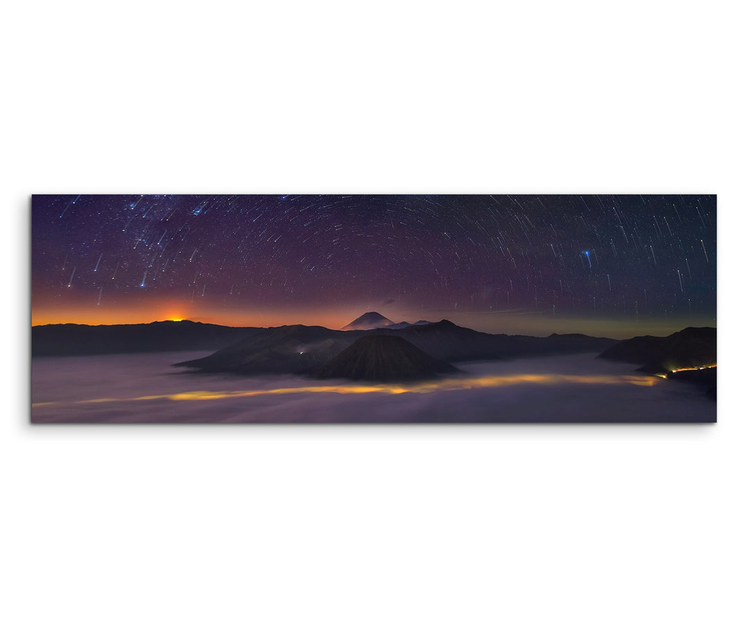 Sinus Art Wandbild 150x50cm Landschaftsfotografie – Sterne und Berge auf Leinwand für Wohnzimmer, Bü